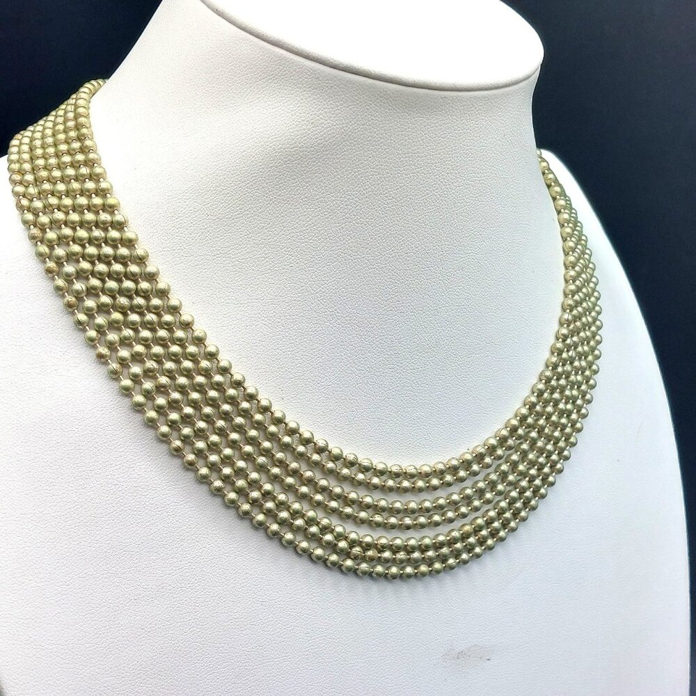 Vintage Art Deco 7-Strand Gold Plated Ball Chain Bib Choker Necklace w/ Ornate